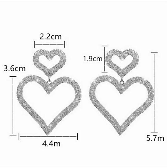 Double Heart Faux Diamond Earrings Silver Tone Setting - Picture 5 of 10